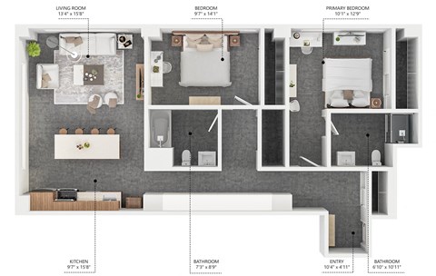 a floor plan of a bedroom apartment with a bathroom and a living room